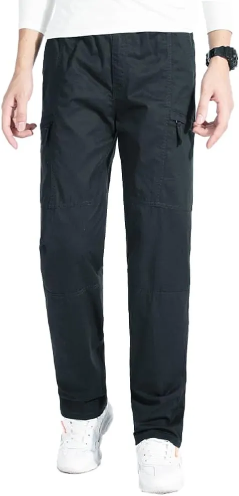 Men's Loose Fit Cargo Pants Drawstring Cotton Tactical Pants with Zipper Pockets