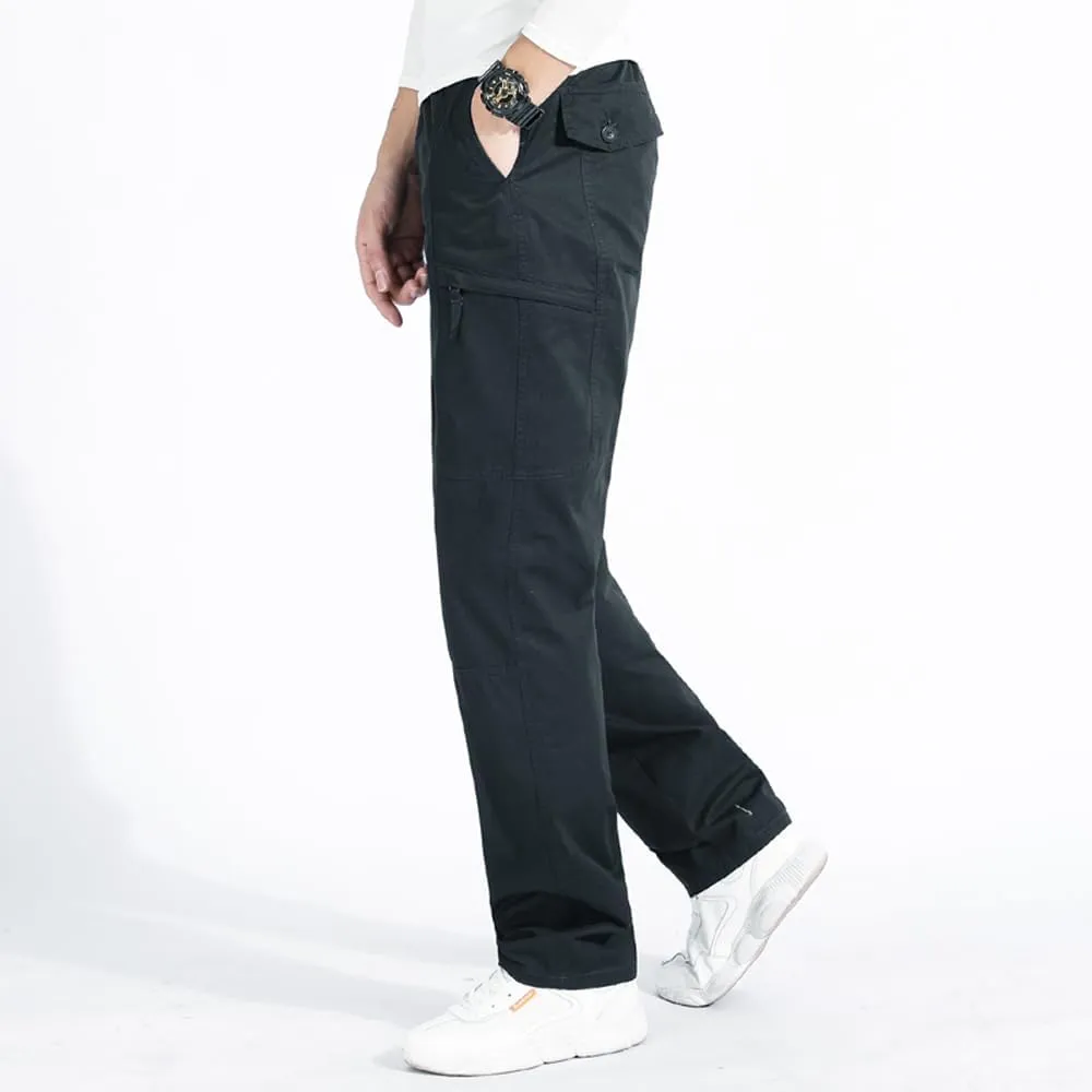 Men's Loose Fit Cargo Pants Drawstring Cotton Tactical Pants with Zipper Pockets