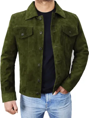 Mens Premium Brown Suede Leather Trucker Jacket - Vintage Classic Motorcycle Western Goat Leather Coat