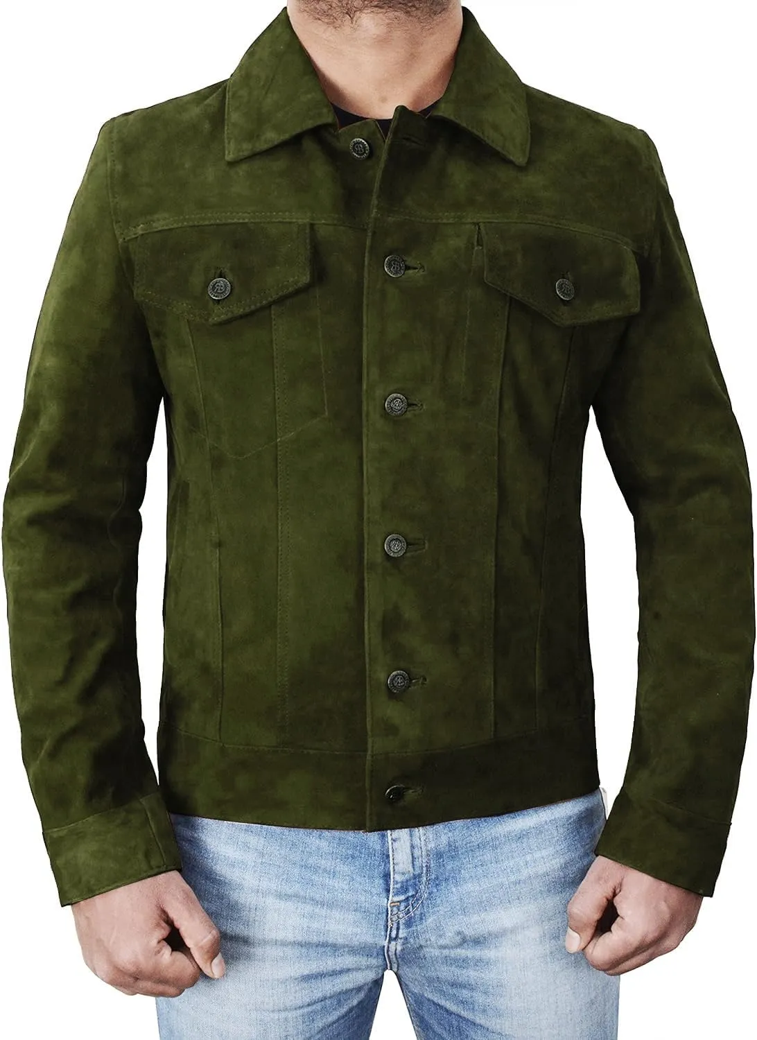 Mens Premium Brown Suede Leather Trucker Jacket - Vintage Classic Motorcycle Western Goat Leather Coat