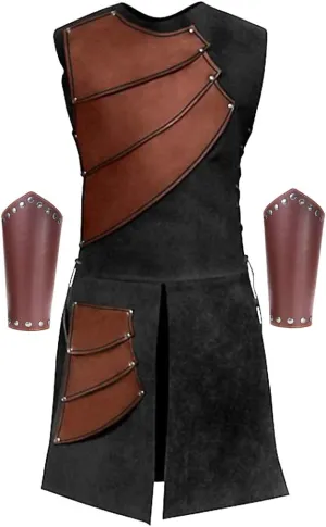 Men's Side laces up Knight Viking Pirate Armor Long Waistcoats Vests Long Bracer Costume Set