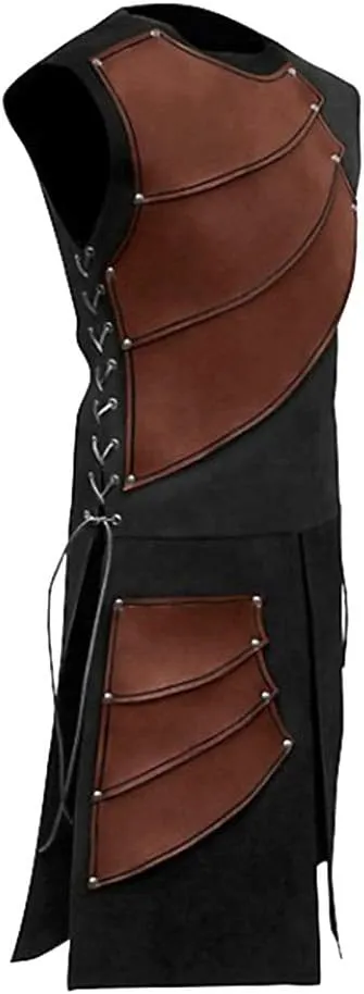 Men's Side laces up Knight Viking Pirate Armor Long Waistcoats Vests Long Bracer Costume Set