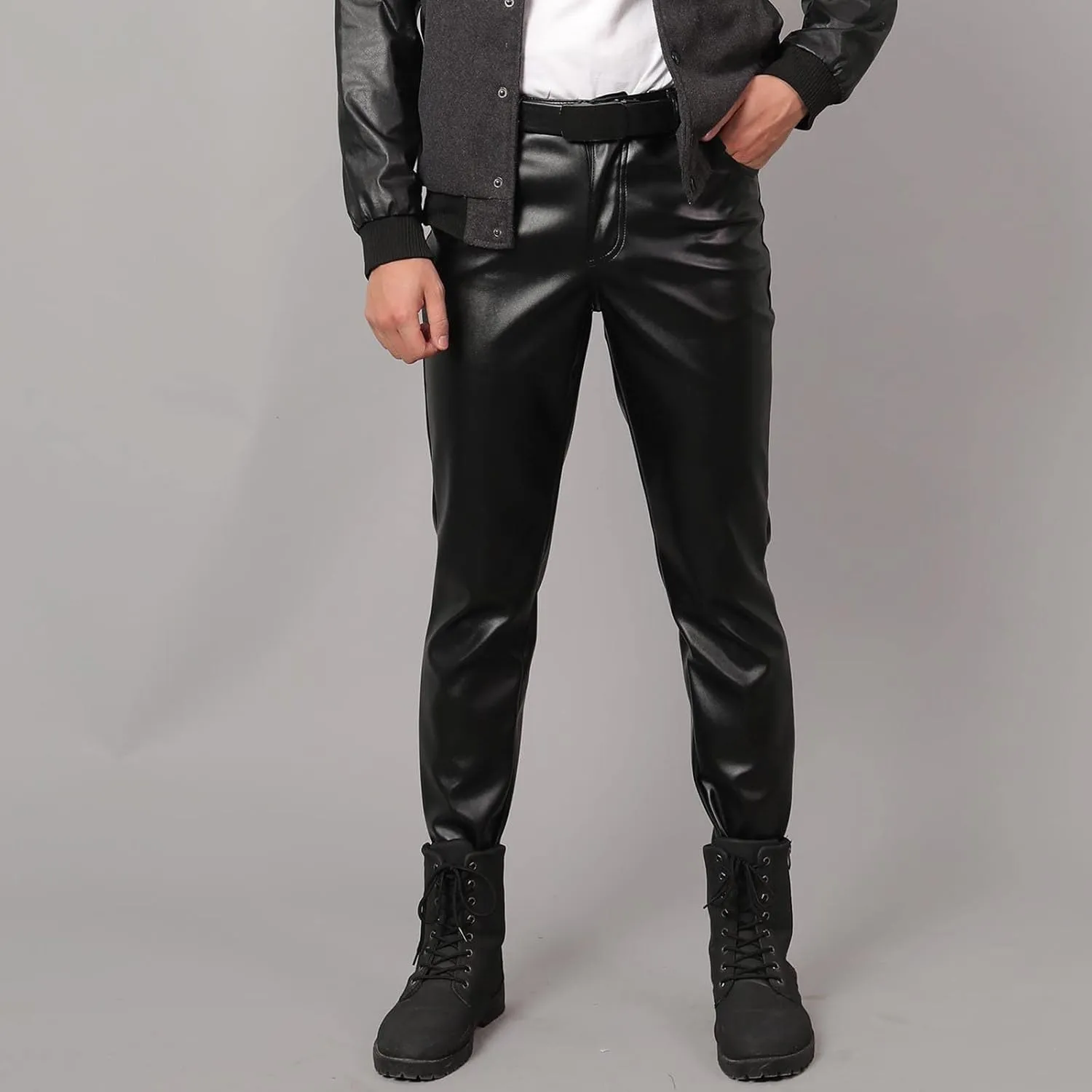 Mens Slim Fitting Leather Pants Leggings Tight Elastic Trend Motorcycle Leather Pants Moccasins