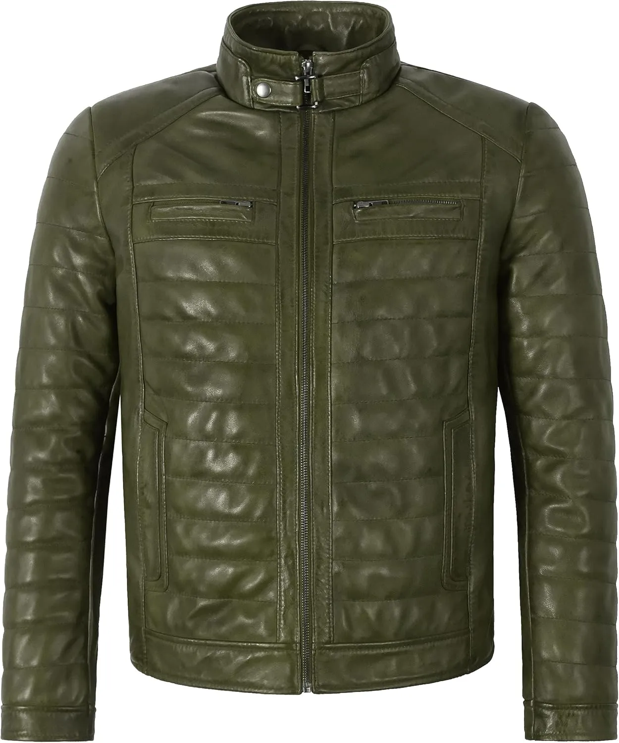 Men's Sports Fashion Quilted Padded Puffy Lambskin Leather Casual Biker Jacket 2448
