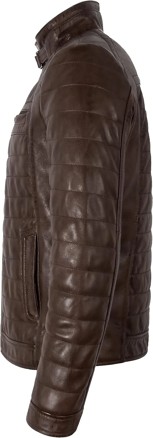 Men's Sports Fashion Quilted Padded Puffy Lambskin Leather Casual Biker Jacket 2448