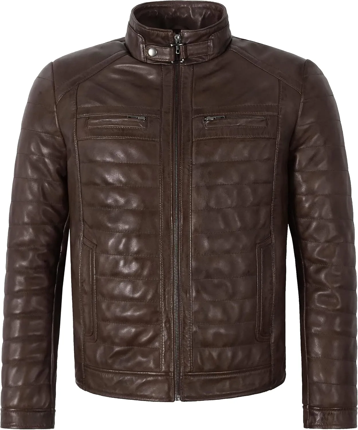 Men's Sports Fashion Quilted Padded Puffy Lambskin Leather Casual Biker Jacket 2448