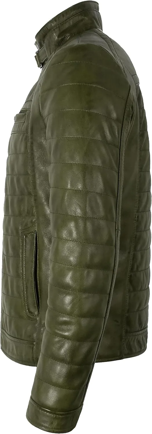 Men's Sports Fashion Quilted Padded Puffy Lambskin Leather Casual Biker Jacket 2448