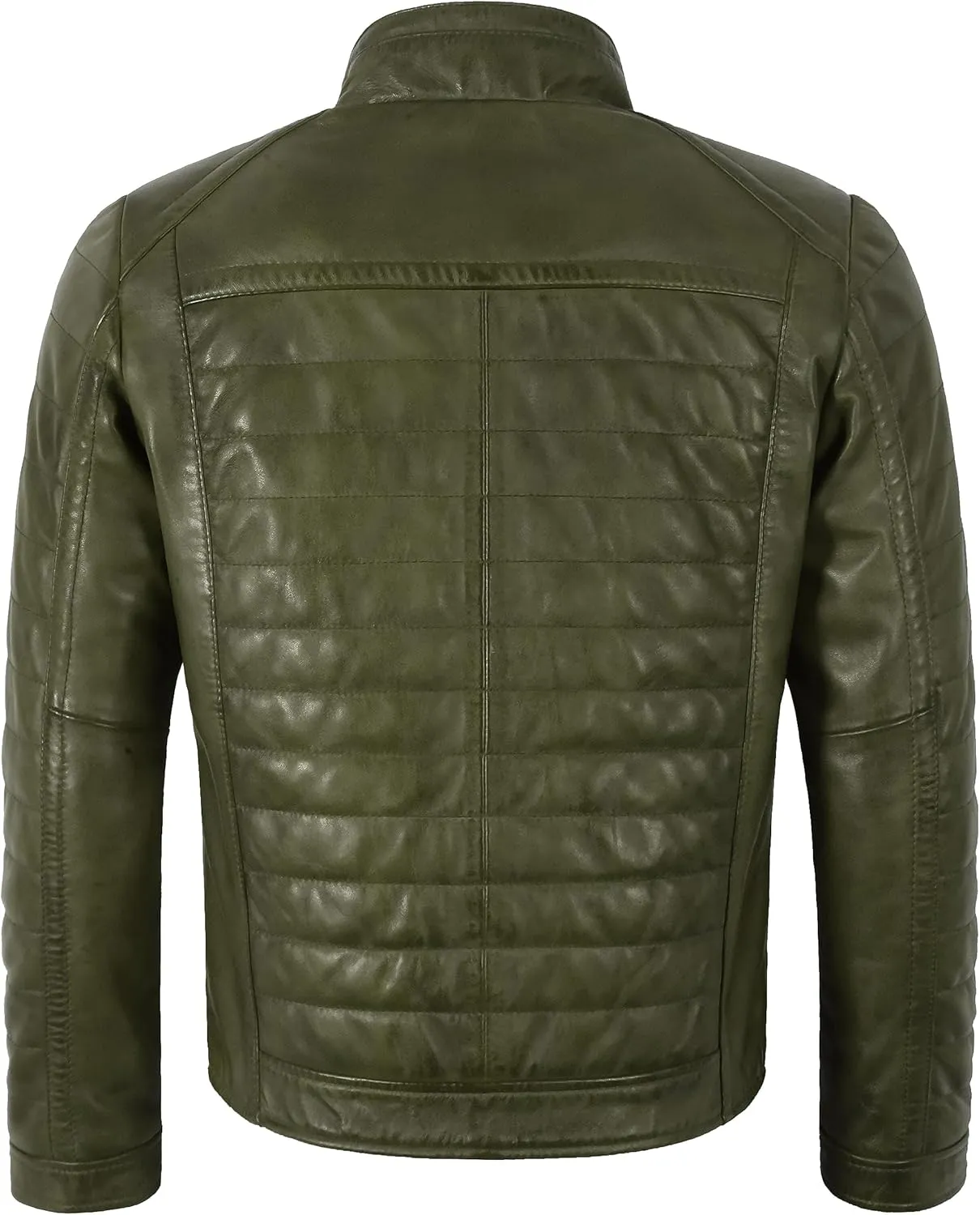 Men's Sports Fashion Quilted Padded Puffy Lambskin Leather Casual Biker Jacket 2448