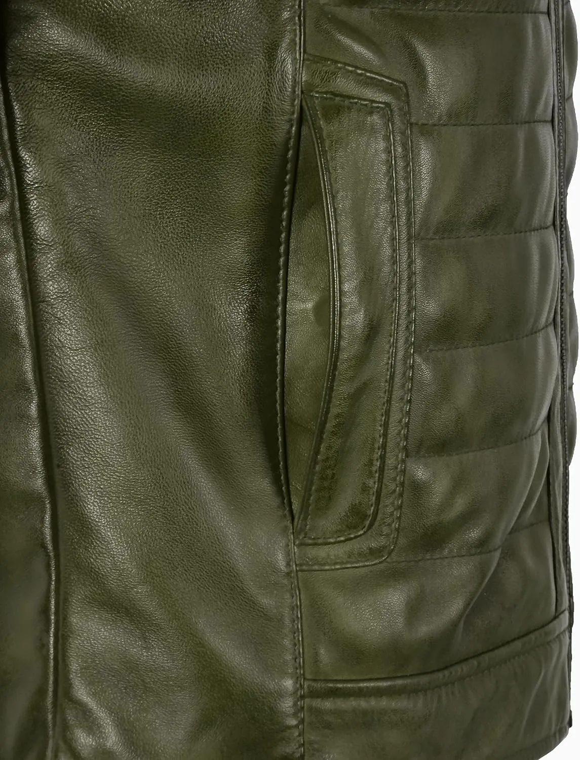 Men's Sports Fashion Quilted Padded Puffy Lambskin Leather Casual Biker Jacket 2448