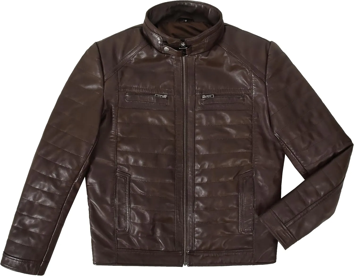Men's Sports Fashion Quilted Padded Puffy Lambskin Leather Casual Biker Jacket 2448