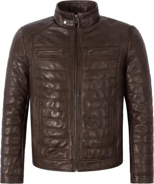 Men's Sports Fashion Quilted Padded Puffy Lambskin Leather Casual Biker Jacket 2448