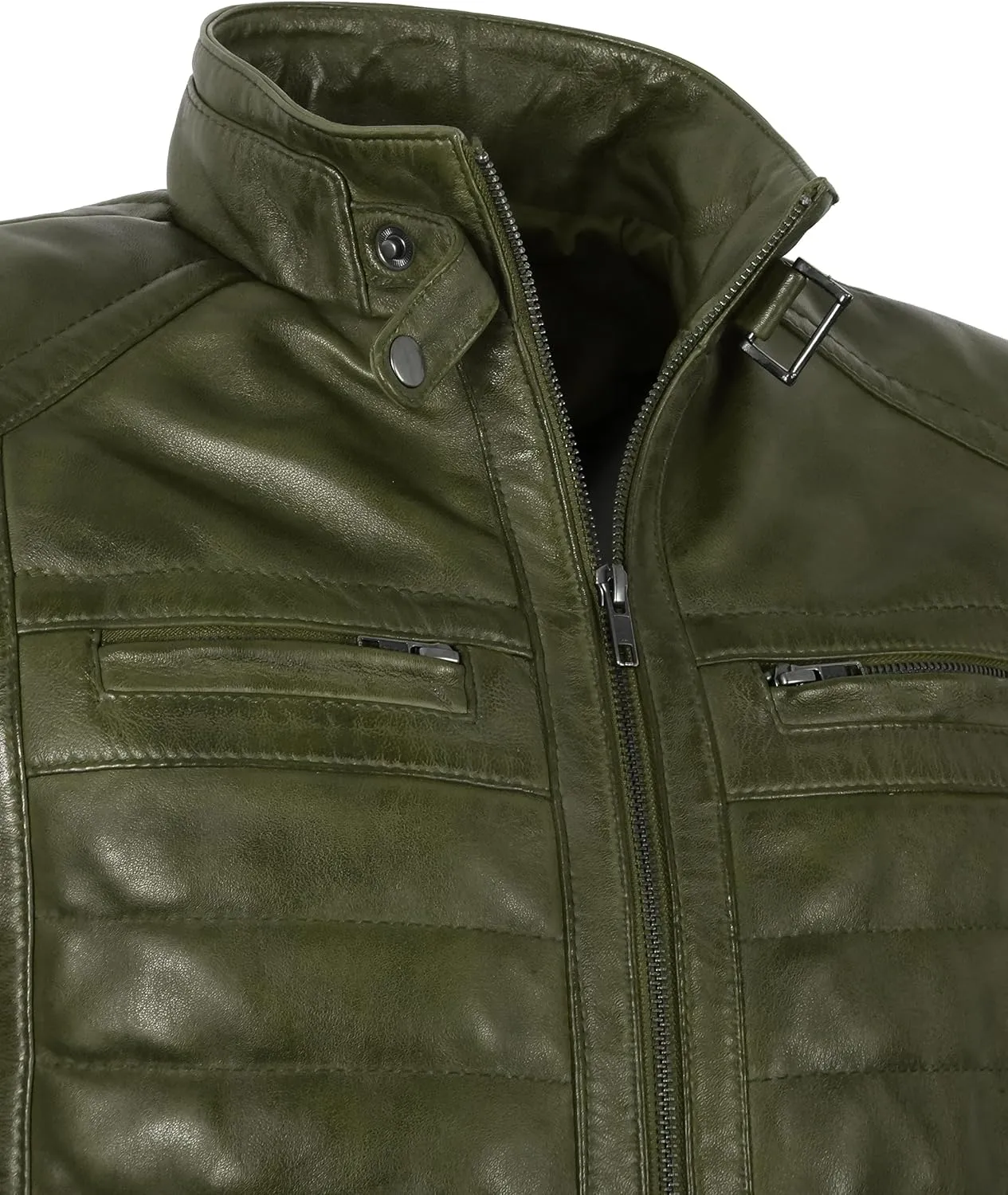 Men's Sports Fashion Quilted Padded Puffy Lambskin Leather Casual Biker Jacket 2448