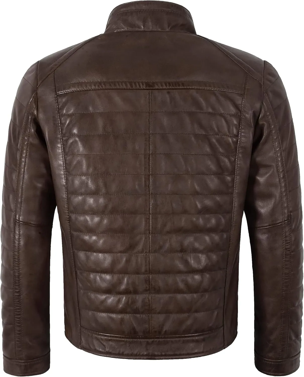 Men's Sports Fashion Quilted Padded Puffy Lambskin Leather Casual Biker Jacket 2448