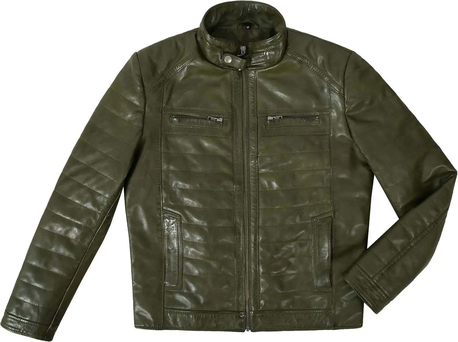 Men's Sports Fashion Quilted Padded Puffy Lambskin Leather Casual Biker Jacket 2448