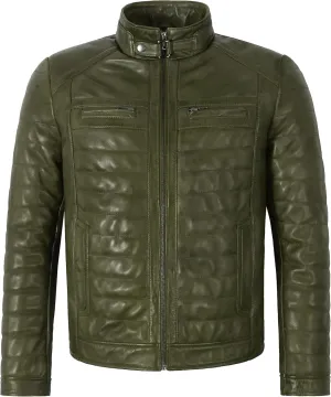 Men's Sports Fashion Quilted Padded Puffy Lambskin Leather Casual Biker Jacket 2448