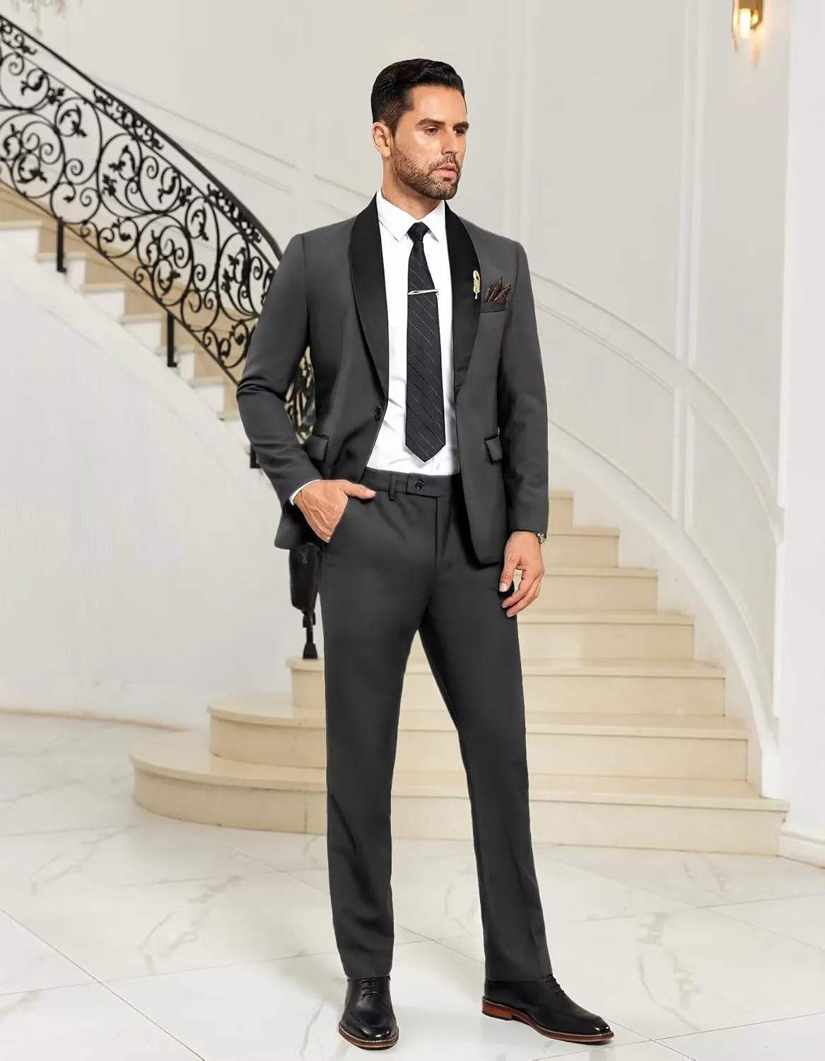 Mens Suit 3 Piece Formal Shawl Lapel Tuxedo for Men Wedding Suits One Button Jacket Vest Pants Set