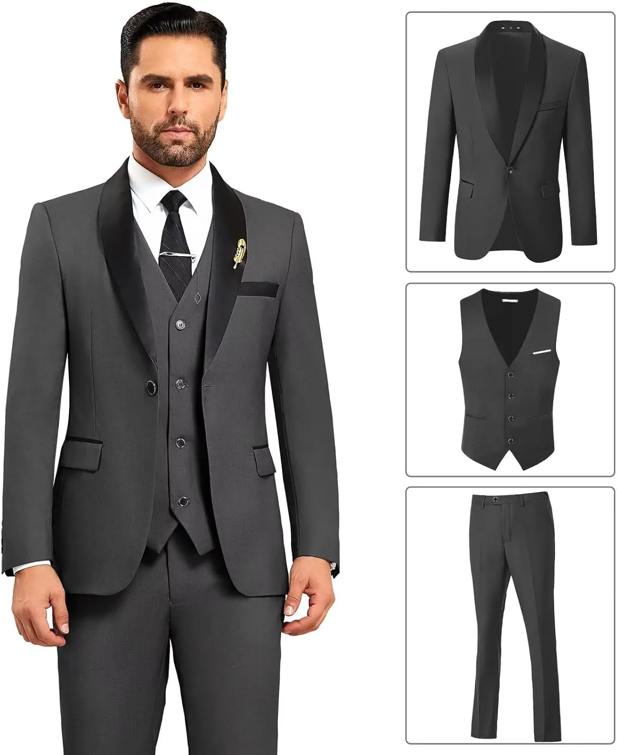 Mens Suit 3 Piece Formal Shawl Lapel Tuxedo for Men Wedding Suits One Button Jacket Vest Pants Set