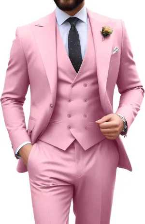 Mens Suit Slim Fit 3 Piece Double Breasted Suit Men Formal Tuxedo Set Casual Wedding Prom Groom Suits