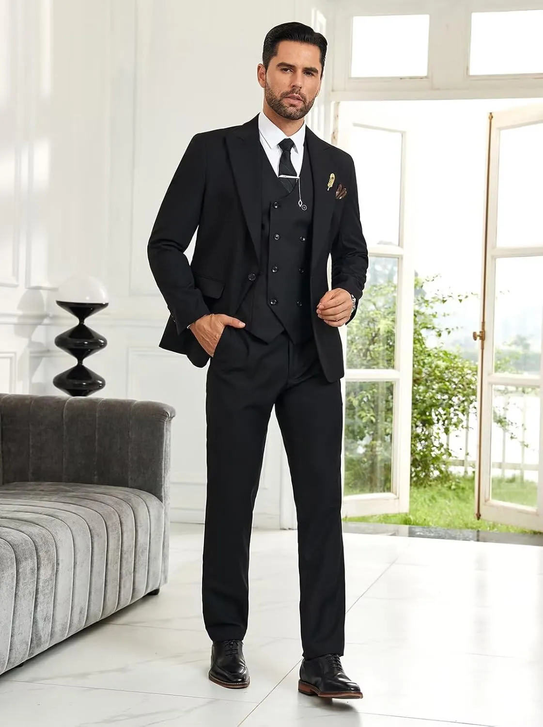 Mens Suit Slim Fit 3 Piece Double Breasted Suit Men Formal Tuxedo Set Casual Wedding Prom Groom Suits