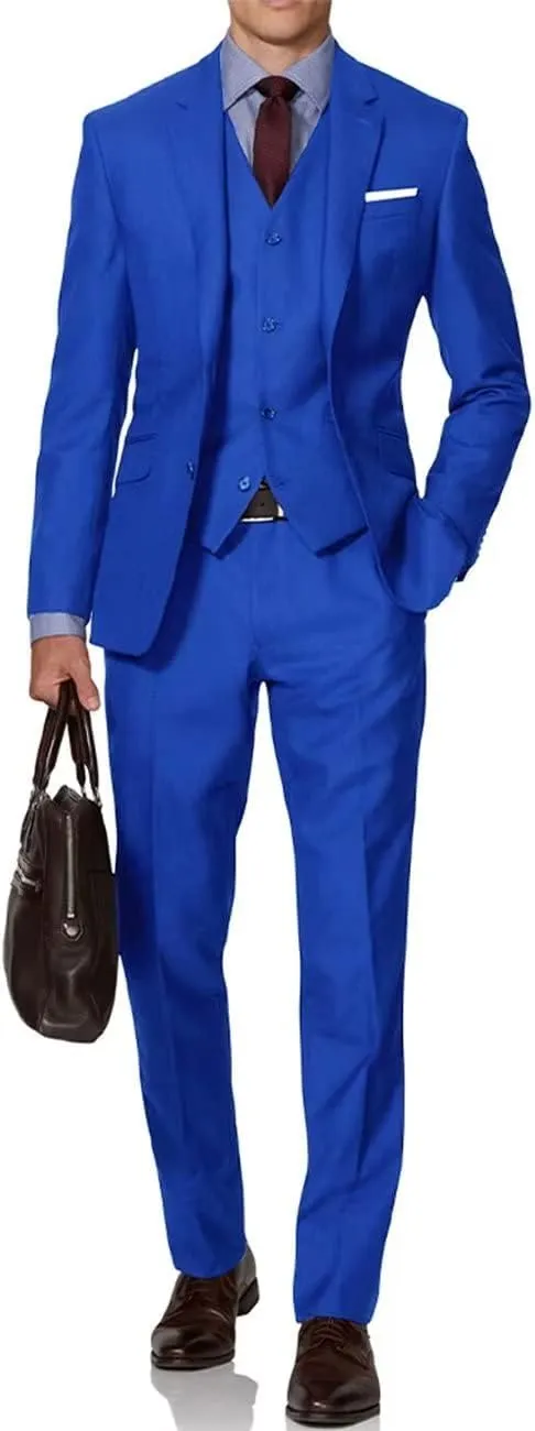 Mens Suit Solid Two Button Slim Fit Suit Set for Wedding Formal Business Suit Men 3 Piece Suit Blazer Vest Pants Set