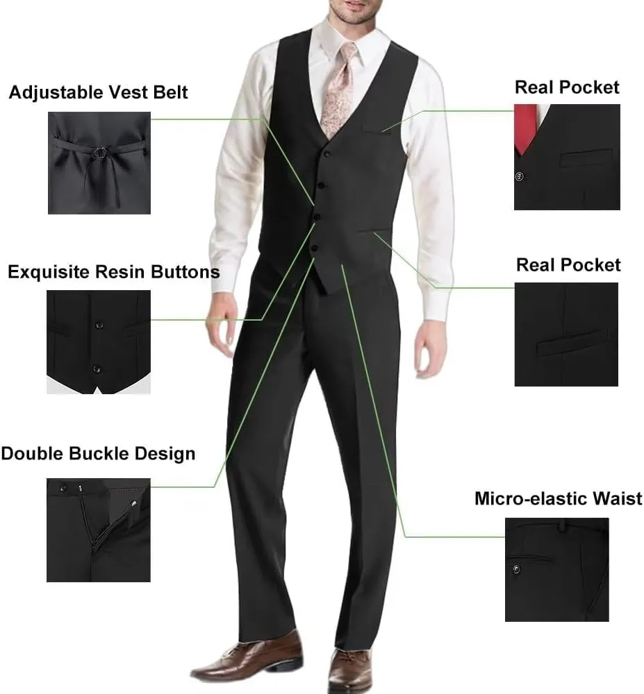 Mens Suit Solid Two Button Slim Fit Suit Set for Wedding Formal Business Suit Men 3 Piece Suit Blazer Vest Pants Set