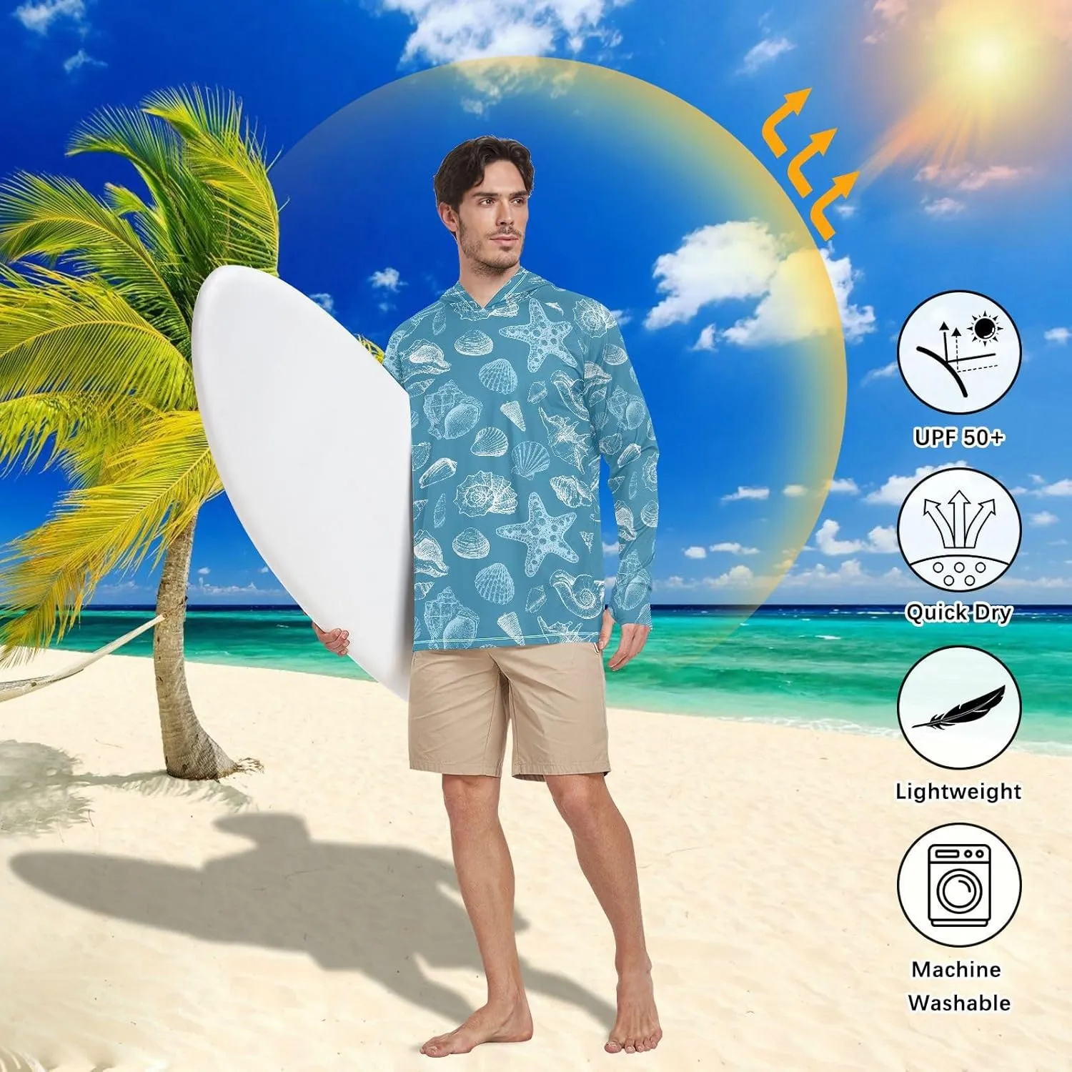 Men's Sun Protection Hoodie Long Sleeve Seashells Starfish Sun Shirt with Hood UPF 50  Clothing Hood Shirts UV Hooded