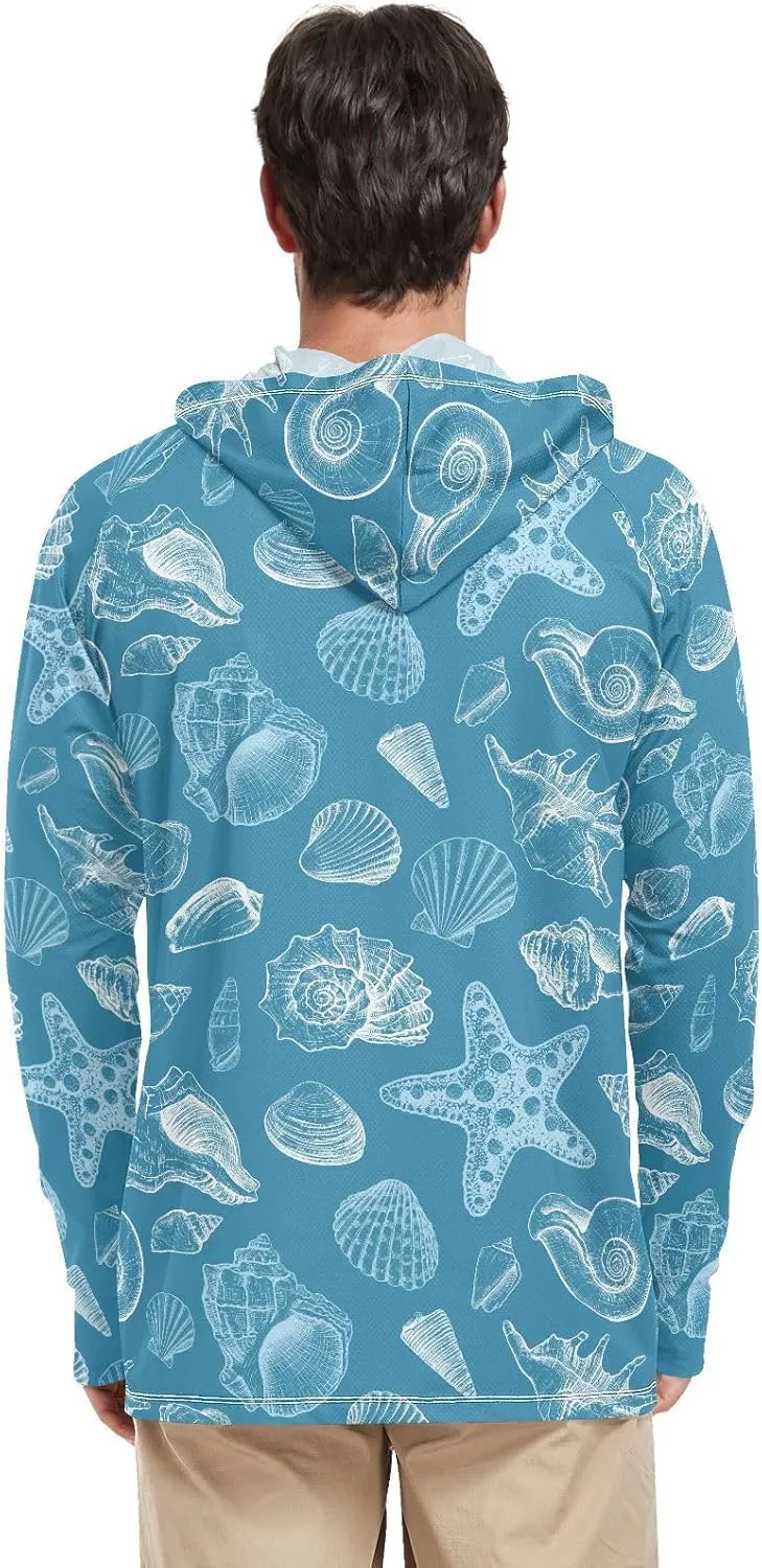 Men's Sun Protection Hoodie Long Sleeve Seashells Starfish Sun Shirt with Hood UPF 50  Clothing Hood Shirts UV Hooded