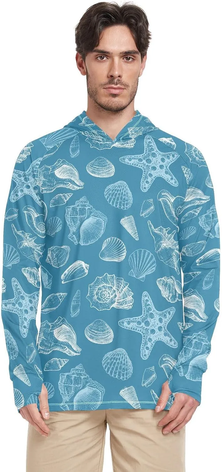 Men's Sun Protection Hoodie Long Sleeve Seashells Starfish Sun Shirt with Hood UPF 50  Clothing Hood Shirts UV Hooded