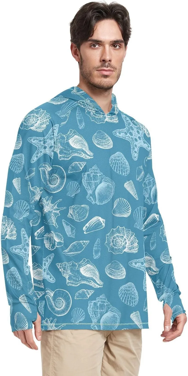Men's Sun Protection Hoodie Long Sleeve Seashells Starfish Sun Shirt with Hood UPF 50  Clothing Hood Shirts UV Hooded