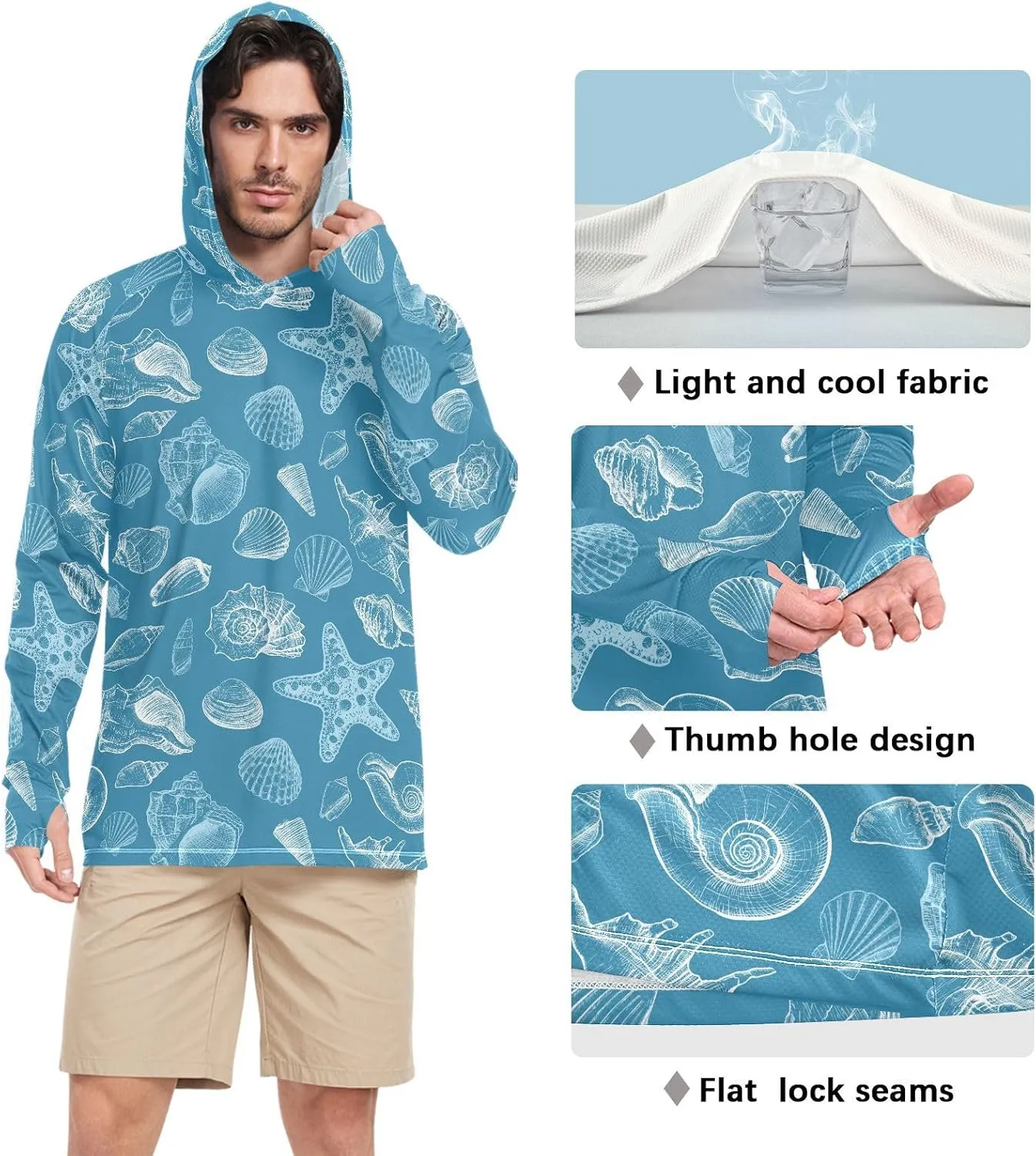 Men's Sun Protection Hoodie Long Sleeve Seashells Starfish Sun Shirt with Hood UPF 50  Clothing Hood Shirts UV Hooded