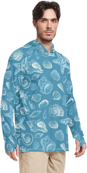 Men's Sun Protection Hoodie Long Sleeve Seashells Starfish Sun Shirt with Hood UPF 50  Clothing Hood Shirts UV Hooded