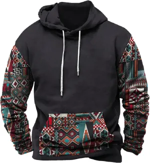 Mens Sweatshirt Hoodie Design Ethnic Print Graphic Tee Shirts Loose Drawstring Western Aztec Ethnic Hood Pullover