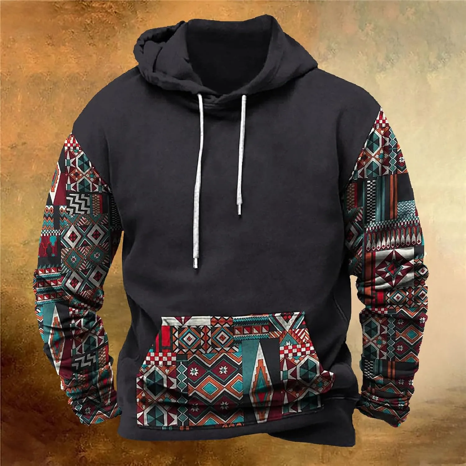 Mens Sweatshirt Hoodie Design Ethnic Print Graphic Tee Shirts Loose Drawstring Western Aztec Ethnic Hood Pullover