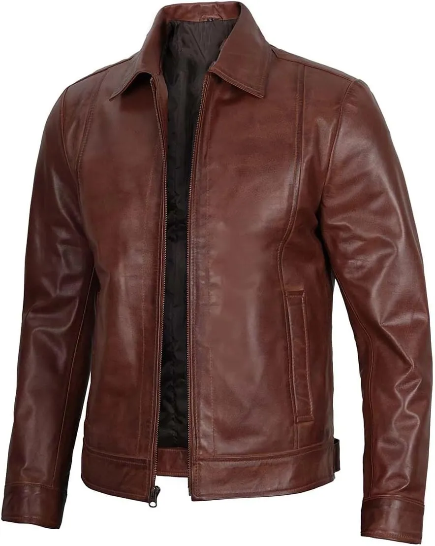 Men's Waxed Brown Genuine Harrington Leather Jacket | Pure Brown Waxed Leather Jacket for Men