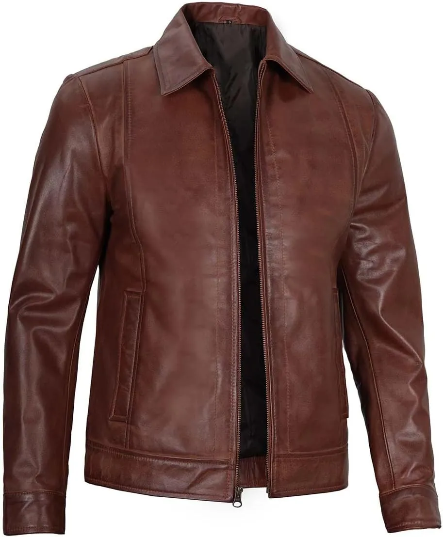 Men's Waxed Brown Genuine Harrington Leather Jacket | Pure Brown Waxed Leather Jacket for Men