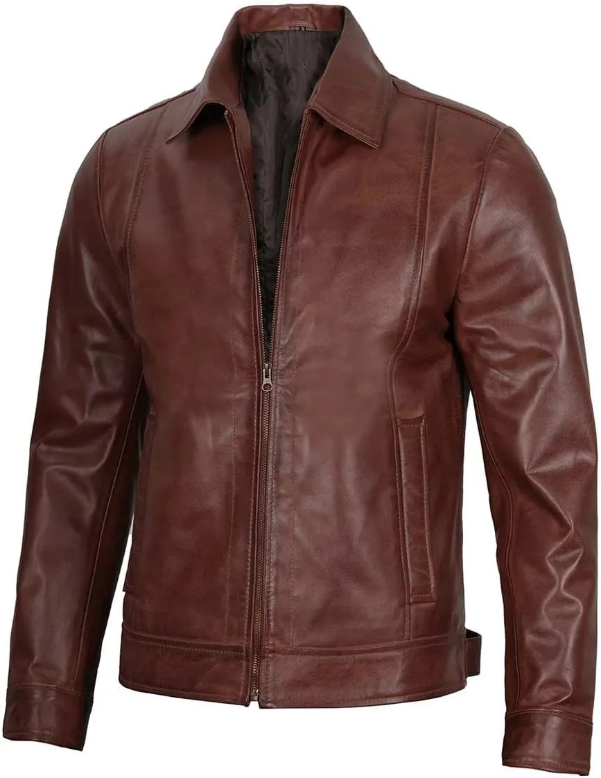 Men's Waxed Brown Genuine Harrington Leather Jacket | Pure Brown Waxed Leather Jacket for Men