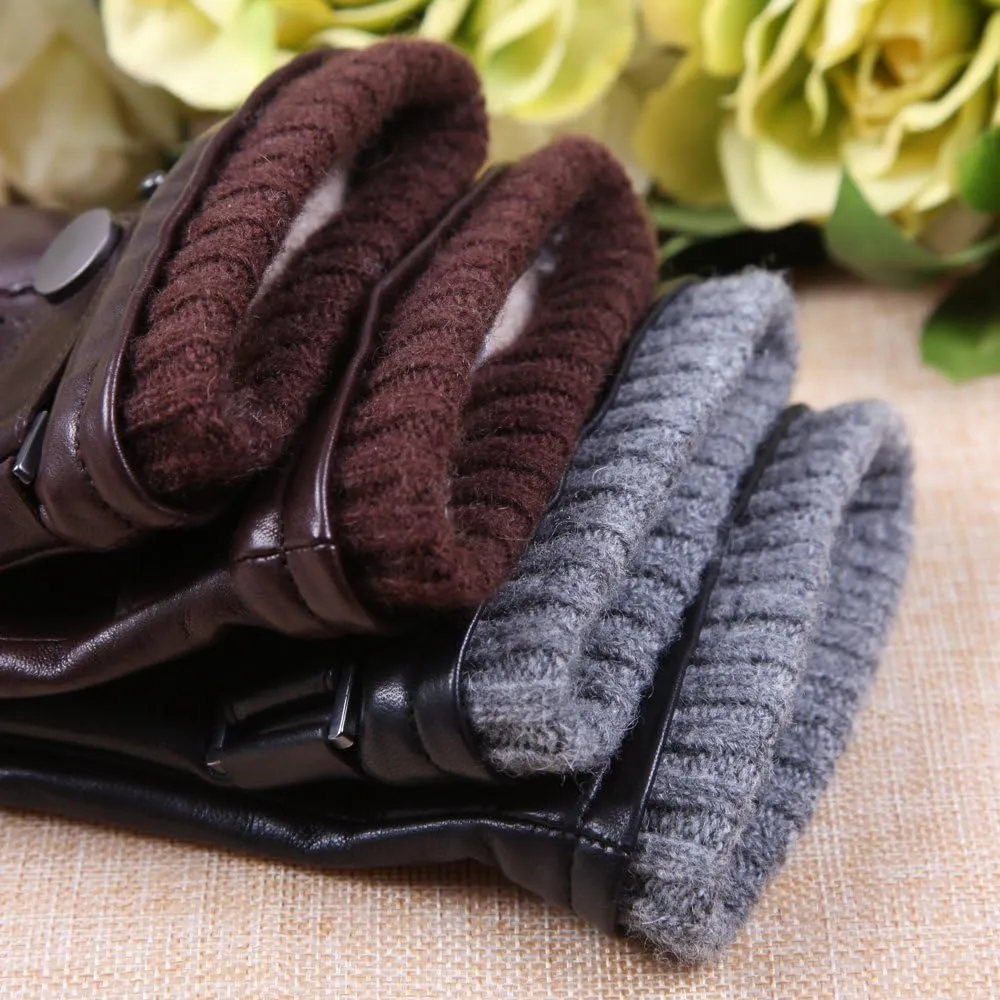 Mens Winter Cold Weather Warm Leather Driving Gloves for Men Wool/Cashmere Blend Cuff