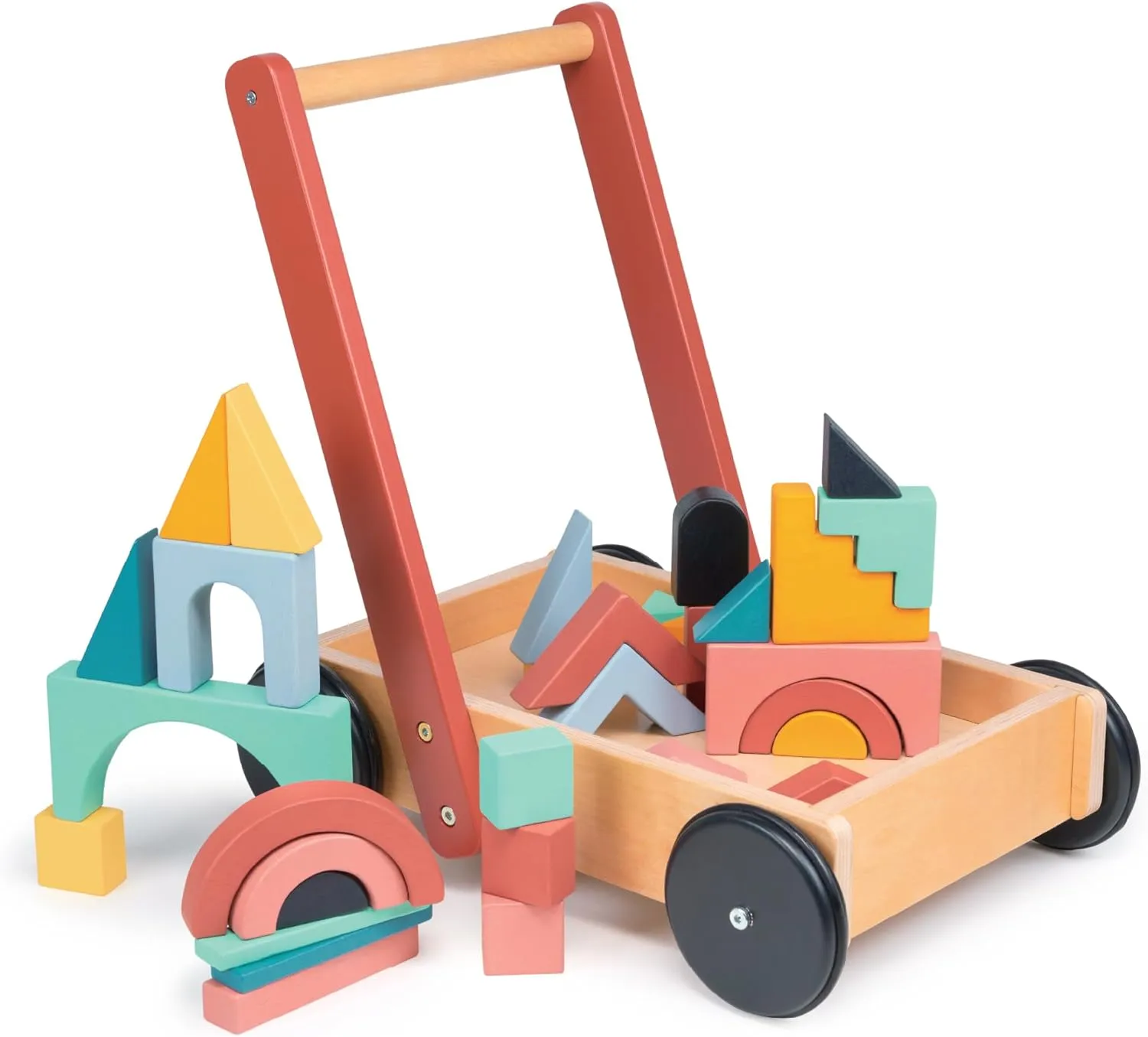 Mentari Toys - Bambino Block Trolley - Colorful Wooden Building Block Tray on Wheels with Handle - Sturdy Push and Pull Toy for Toddlers - Develop Motor Skills and Creativity - Age 18m 