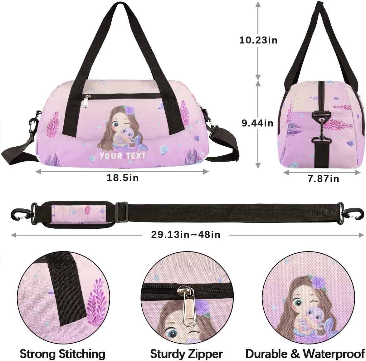 Mermaid Octopus Personalized Kids Duffel Bag for Girls Boys, Seaweed Conch Customized Dance Bag Overnight Small Duffel Bag Carry On Weekend Sports Gym Travel Bag for School Practice Gymnastics Ballet