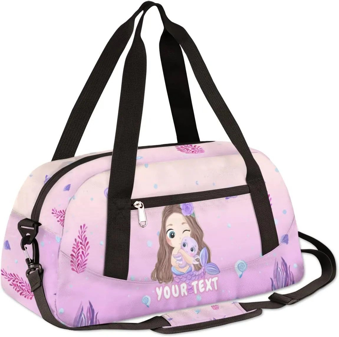 Mermaid Octopus Personalized Kids Duffel Bag for Girls Boys, Seaweed Conch Customized Dance Bag Overnight Small Duffel Bag Carry On Weekend Sports Gym Travel Bag for School Practice Gymnastics Ballet