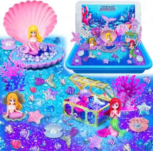 Mermaid Sensory Bin, Play Sand Art Kit with Sandbox & Accessories & Tools & Colorful Sea Shell Conch Starfish Gems Toys Set, Indoor Outdoor Pretend Play Beach Toy Birthday for Girls Boys 3 4 5 6 7 8