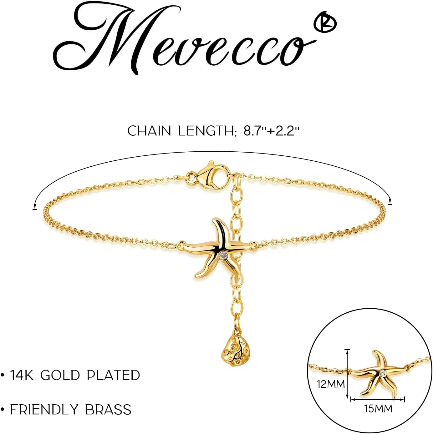 MEVECCO Women's Dainty Gold Anklet, 14K Gold Plated Cubic Zircon Boho Beach Jewelry, Delicate Cute Adjustable Chain Ankle