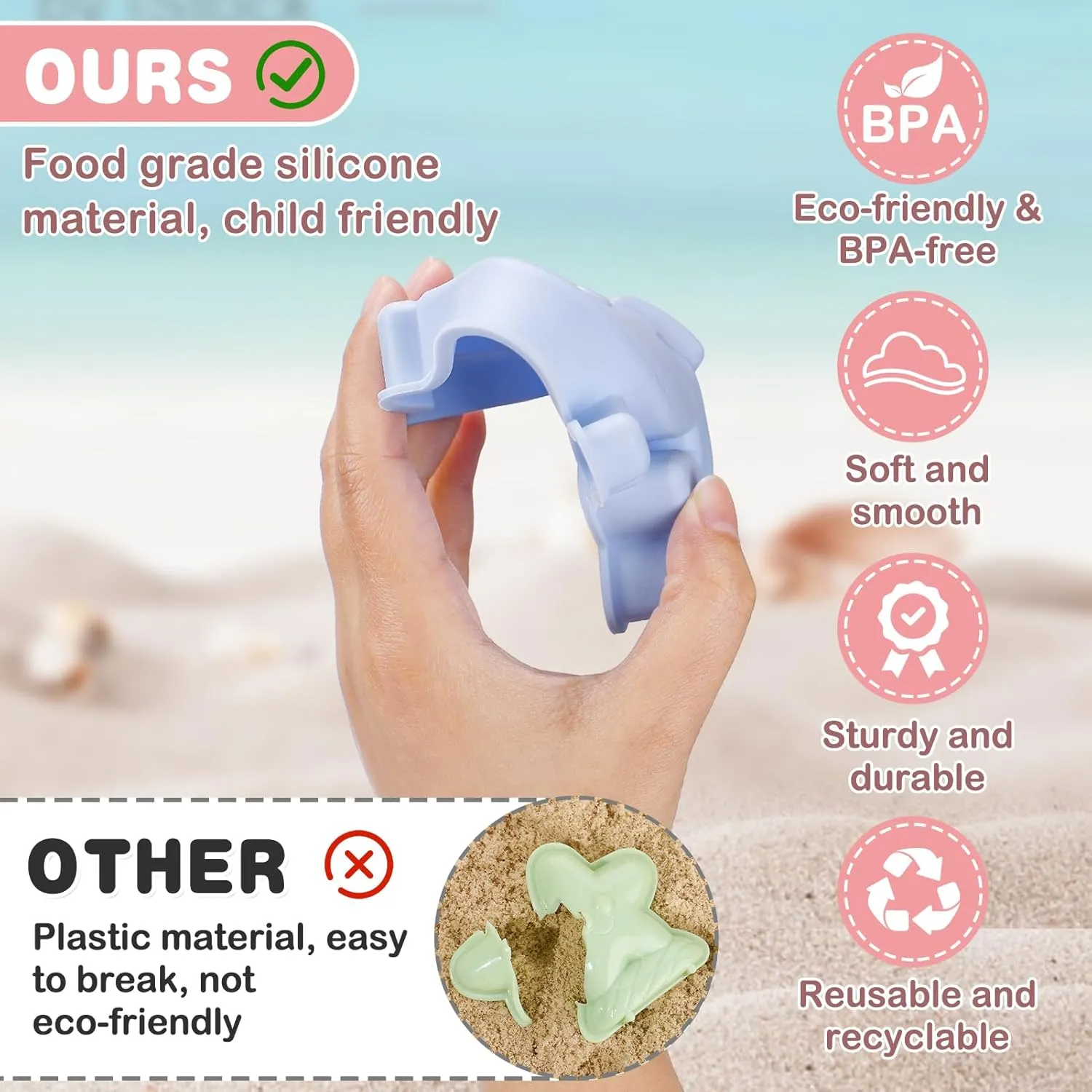 MEWTOGO Silicone Beach Sandbox Toys Set for Toddlers 1-3, Girls Baby Toys with Shovel Portable Beach Bag, Kids Beach Bucket with Sand Toy Molds for Outdoor Summer Playset Travel (Pink, 9Pcs)