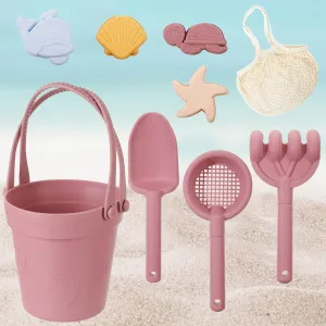 MEWTOGO Silicone Beach Sandbox Toys Set for Toddlers 1-3, Girls Baby Toys with Shovel Portable Beach Bag, Kids Beach Bucket with Sand Toy Molds for Outdoor Summer Playset Travel (Pink, 9Pcs)
