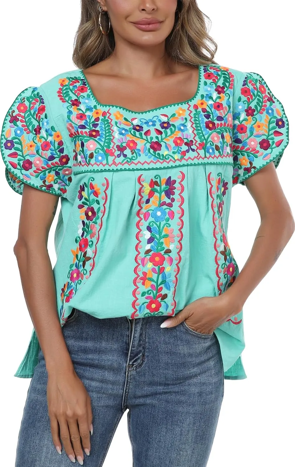 Mexican Shirts for Women Embroidered Tops Traditional Peasant Summer Tunic Blouse