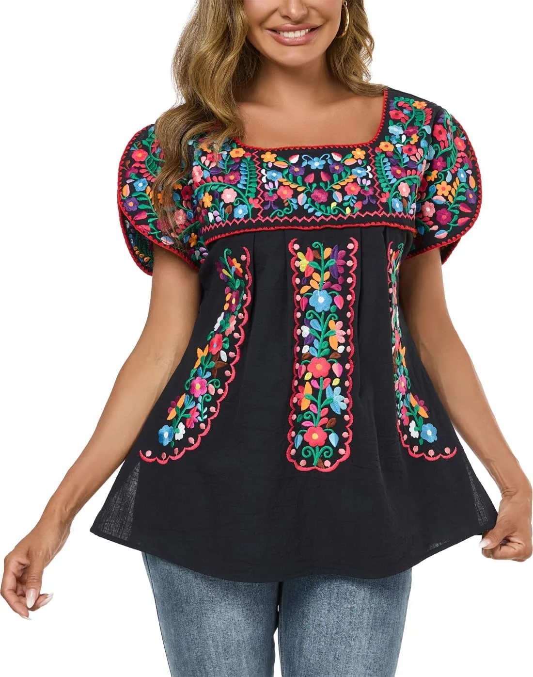 Mexican Shirts for Women Embroidered Tops Traditional Peasant Summer Tunic Blouse
