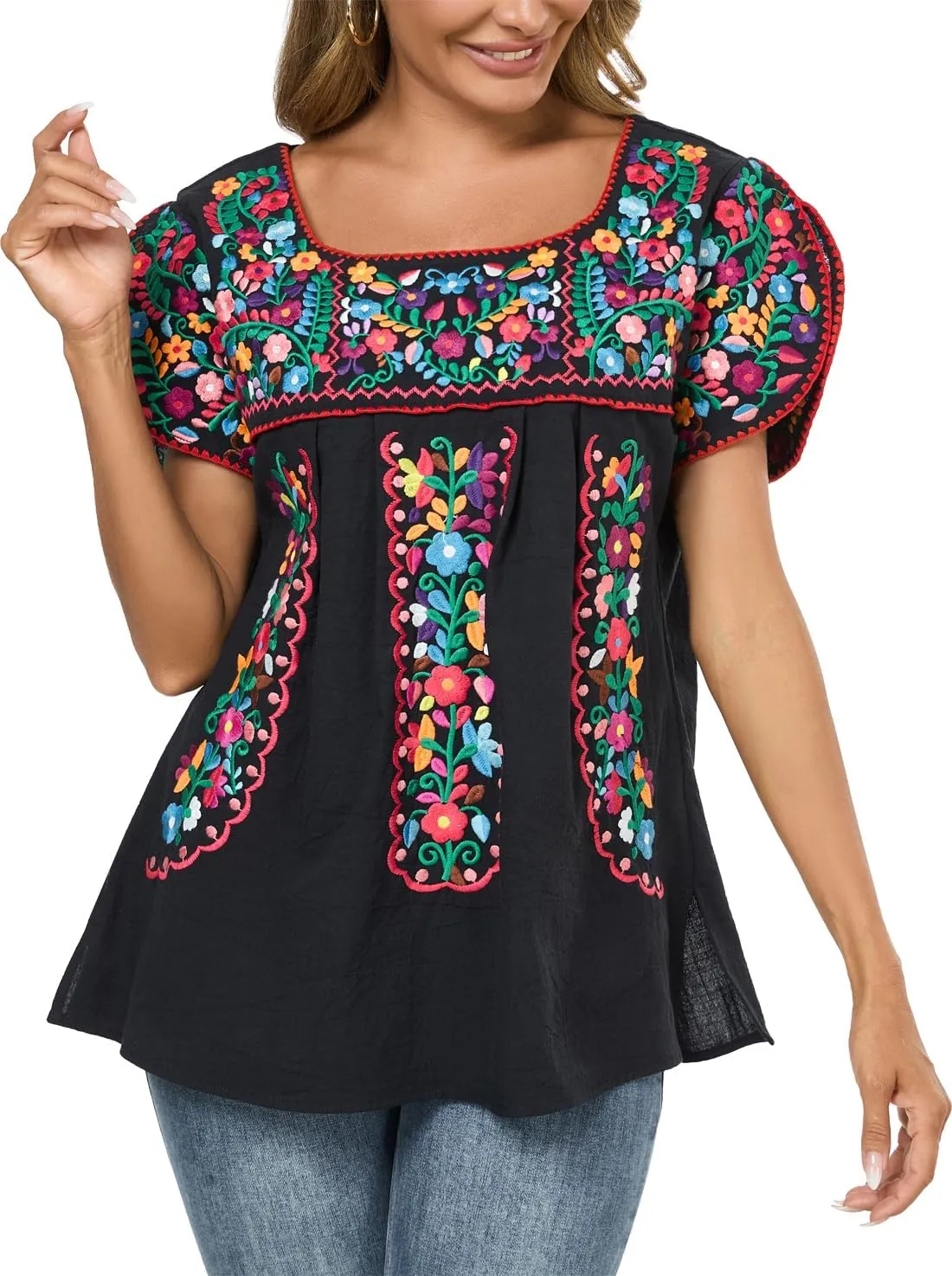 Mexican Shirts for Women Embroidered Tops Traditional Peasant Summer Tunic Blouse