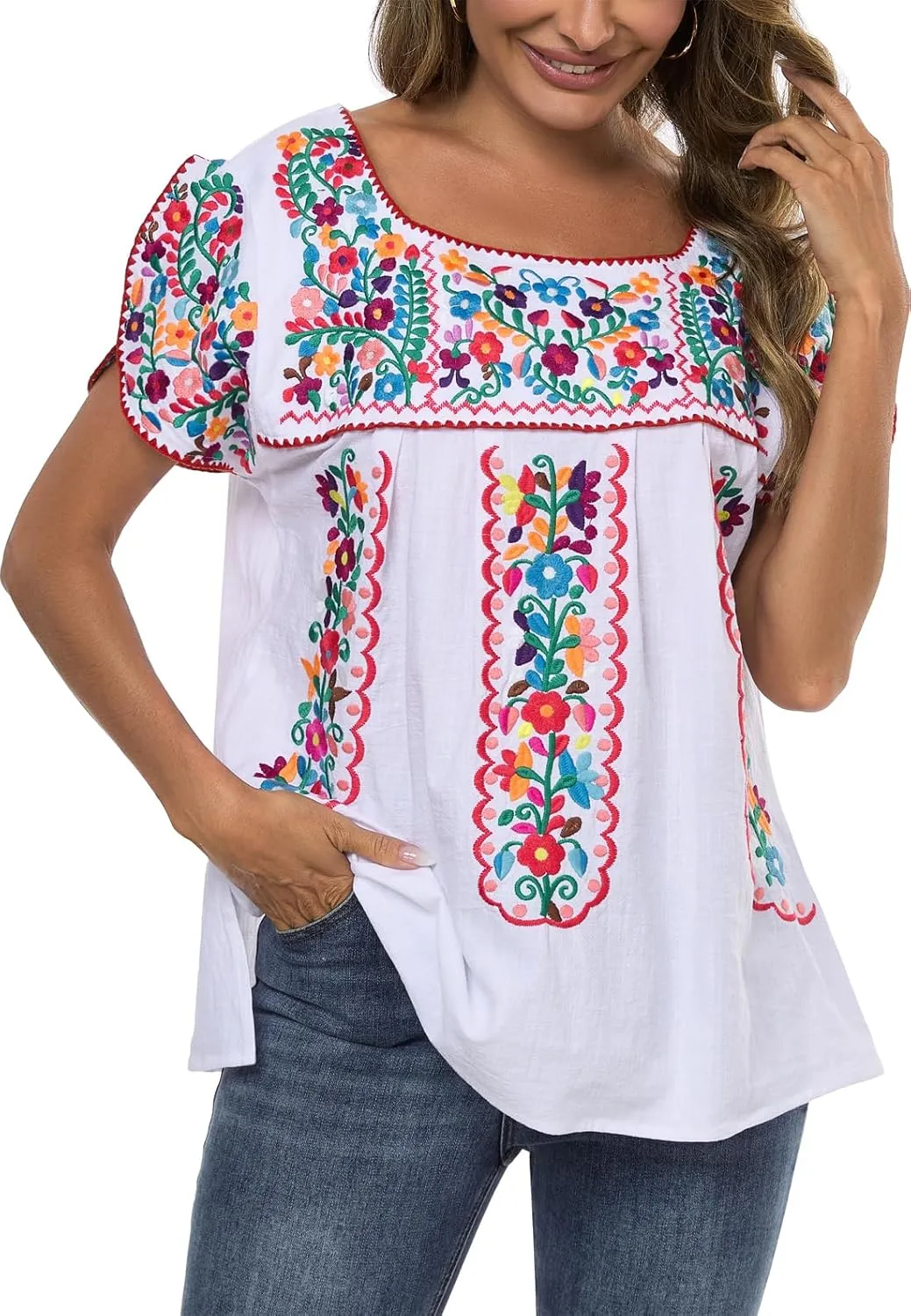 Mexican Shirts for Women Embroidered Tops Traditional Peasant Summer Tunic Blouse