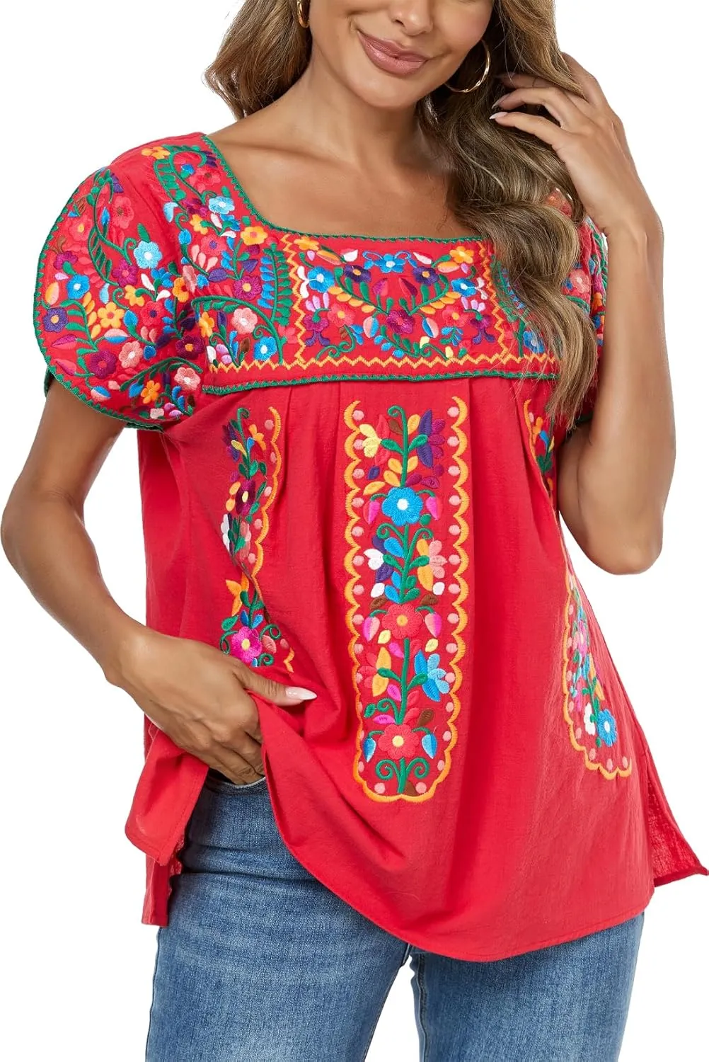 Mexican Shirts for Women Embroidered Tops Traditional Peasant Summer Tunic Blouse