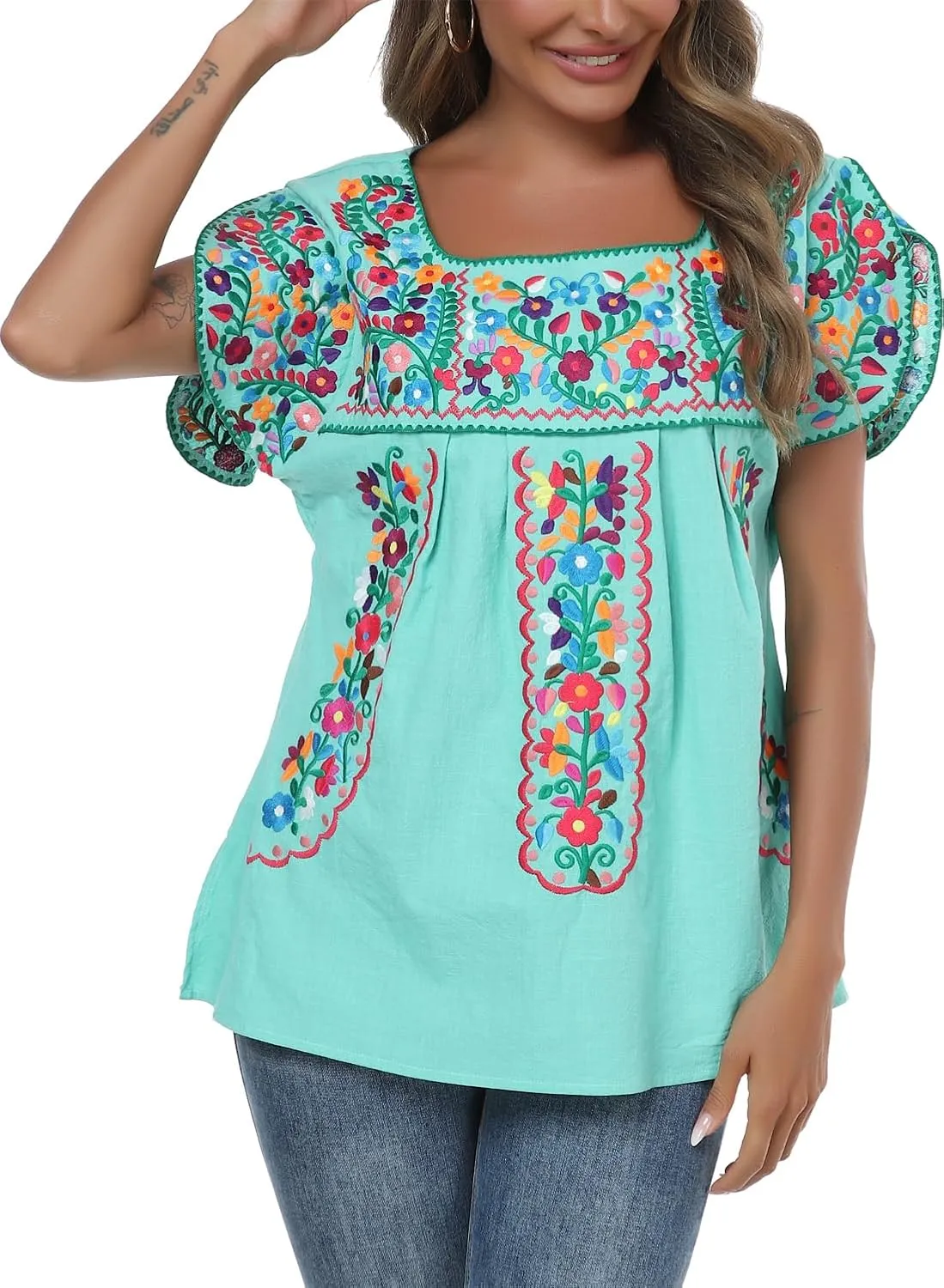 Mexican Shirts for Women Embroidered Tops Traditional Peasant Summer Tunic Blouse